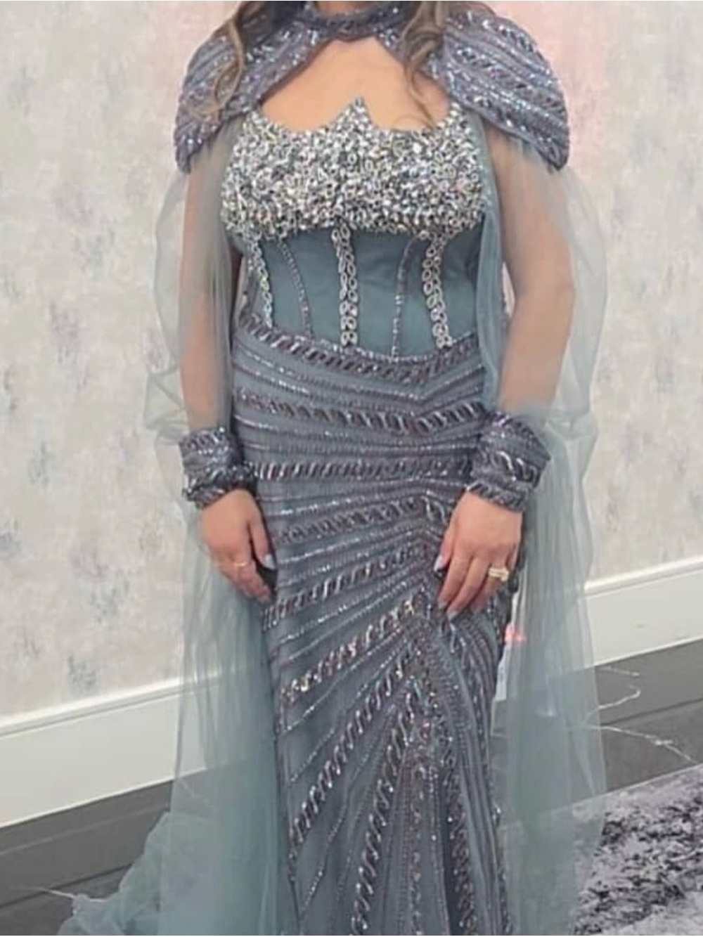 Embellished Slate Gray Evening Gown with Cape